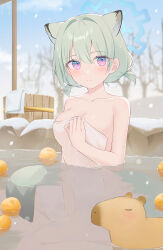 1girl absurdres animal_ears aqua_hair blue_archive blue_halo blue_sky blurry blurry_background blush breasts capybara closed_mouth collarbone commentary commentary_request day hair_between_eyes hair_intakes halo highres looking_at_viewer low_twintails medium_breasts onsen partially_submerged purple_eyes shigure_(blue_archive) shigure_(hot_spring)_(blue_archive) short_hair short_twintails sky smile symbol-only_commentary tail towel towel_tug twintails weasel_ears weasel_girl weasel_tail yagen_(user_mxur3238)