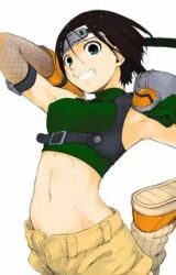 1990s_(style) 1girl ash_yokoshima black_hair breasts buckle detached_sleeves female_focus final_fantasy final_fantasy_vii fishnets green_eyes headband highres midriff navel open_fly retro_artstyle short_hair sleeveless sleeveless_turtleneck smile solo source_request tagme turtleneck yuffie_kisaragi
