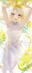 1girl armpits arms_up blonde_hair cowboy_shot dress food food_in_mouth fruit hair_ribbon highres lemon lemon_slice long_hair miwano_rag neck_ribbon original ribbon solo standing standing_on_one_leg white_background white_dress yellow_eyes