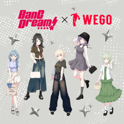 5girls ave_mujica_(bang_dream!) bang_dream! bang_dream!_it&#039;s_mygo!!!!! belt black_bag black_belt black_hair black_shirt black_shoes blonde_hair blue_hair blue_shirt blue_skirt blush braid breasts brown_bag brown_shirt bucket_hat denim denim_skirt dress green_dress grey_dress grey_socks hair_between_eyes half_updo hand_in_pocket hat highres jacket long_hair medium_breasts medium_hair midriff misumi_uika multiple_girls navel official_art open-toe_shoes open_mouth platform_shoes ponytail purple_eyes purple_hair shirt shoes short_hair short_sleeves skirt sleeveless sleeveless_dress socks togawa_sakiko twin_braids wakaba_mutsumi white_jacket white_skirt white_socks yahata_umiri yellow_eyes yuutenji_nyamu