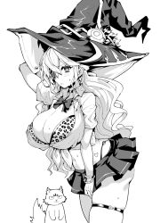 1girl alternate_breast_size alternate_costume animal_print bow bowtie bra breasts cat cleavage diabellstar_the_black_witch edobox greyscale hat highres huge_breasts leopard_print miniskirt monochrome monocle pleated_skirt shirt skindentation skirt thigh_strap tied_shirt underwear witch_hat yu-gi-oh!