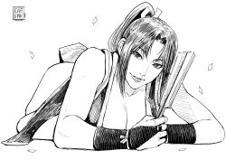 1girl absurdres arm_guards bare_shoulders breasts brown_eyes brown_hair cirenk cleavage fatal_fury folded_fan folding_fan hand_fan high_ponytail highres holding holding_fan japanese_clothes large_breasts long_hair looking_at_viewer monochrome ninja pelvic_curtain ponytail revealing_clothes rope shiranui_mai smile snk solo the_king_of_fighters thighs variant_set variations