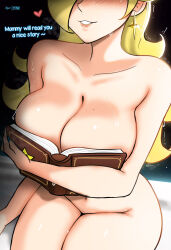 Rule 34 | 1girl, absurdres, artist logo, blonde hair, boobs in book (meme), book, breasts, cleavage, collarbone, commentary, earrings, english commentary, english text, eyes out of frame, grin, head out of frame, heart, highres, holding, holding book, hugging book, hugging object, jewelry, large breasts, logo, long hair, mario (series), meme, mystyhw, navel, nintendo, nude, open book, rosalina, sitting, smile, solo, sweat