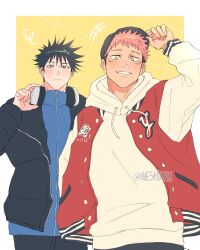 2boys alternate_costume baseball_cap black_hair border closed_mouth commentary fushiguro_megumi green_eyes hat headphones highres hood hoodie itadori_yuuji jujutsu_kaisen long_sleeves looking_at_viewer male_focus multiple_boys neskuna outside_border pink_hair short_hair smile spiked_hair symbol-only_commentary teeth undercut upper_body white_border yellow_eyes