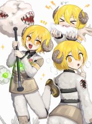 Rule 34 | &gt; &lt;, 3girls, :d, @ @, armor, biting another&#039;s arm, black shirt, blonde hair, blood, bob cut, collared shirt, commentary, creature, don quixote (project moon), hair between eyes, hand on own face, highres, holding, holding weapon, horns, knee pads, leg up, light blush, lightning bolt symbol, limbus company, looking at viewer, looking back, meat lantern (project moon), multiple girls, necktie, notice lines, open mouth, project moon, puff of air, ro/ku, saliva, sharp teeth, sheep horns, shirt, shoes, shoulder pads, simple background, smile, sparkle, sweatdrop, teeth, weapon, white background, white necktie, wool