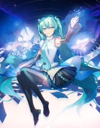 1girl adapted_costume agyou_sonokou_l alternate_costume black_boots black_skirt black_sleeves black_thighhighs blue_background blue_eyes blue_hair blue_necktie blue_sky blush boots detached_sleeves frilled_shirt frills grin hair_between_eyes hair_ornament hand_up hatsune_miku hatsune_miku_happy_16th_birthday_-dear_creators- headphones headset highres layered_skirt long_hair long_sleeves microphone necktie see-through_clothes see-through_sleeves shirt sitting skirt sky smile solo thigh_boots thighhighs twintails very_long_hair vocaloid