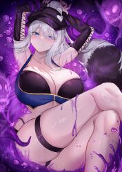 1girl absurdres black_hat black_sleeves blue_eyes breasts bubble cleavage collarbone commission cross-laced_clothes cross-laced_sleeves crossed_legs deogho_(liujinzy9854) detached_sleeves dungeon_and_fighter grey_hair hat heart highres large_breasts long_hair original ponytail purple_liquid raccoon_tail shadow skull solo tail thigh_strap