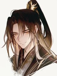 1boy bishounen black_hair black_hanfu brown_hair chinese_clothes closed_mouth earrings hair_between_eyes half_updo hanfu high_ponytail highres jewelry jinhongi korean_commentary long_hair looking_at_viewer male_focus parted_bangs ponytail portrait simple_background smile solo upper_body white_background xiao_guan_(headdress) yellow_eyes young57440489 zaha