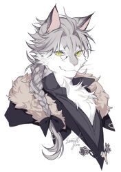 1boy black_cloak black_shirt braid buckle cat_boy cloak closed_mouth fur-trimmed_cloak fur_trim furry furry_male green_eyes grey_hair hair_ribbon hair_slicked_back long_hair looking_at_viewer male_focus original ribbon shirt simple_background single_braid solo sonnet_form white_background