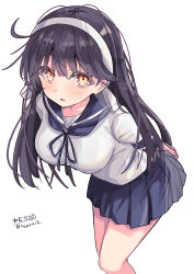 1girl absurdres ahoge arms_behind_back black_hair blush breasts hair_ribbon highres hizaka kantai_collection large_breasts long_hair looking_at_viewer one-hour_drawing_challenge open_mouth orange_eyes ribbon school_uniform serafuku skirt solo twitter_username ushio_(kancolle) ushio_kai_ni_(kancolle)