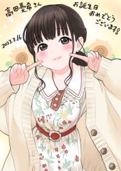 Rule 34 | 1girl, amamori yuu, blush, brown eyes, brown hair, coat, dated, floral print dress, flower, highres, lipstick, looking at viewer, makeup, medium hair, pointing, pointing at self, real life, simple background, smile, solo, standing, takada yuuki, voice actor, yellow background