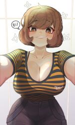 1girl absurdres blue_pants blush bra_strap breasts bright_pupils brown_eyes brown_hair cleavage collarbone denim double_biub english_text from_below grin heart heart_in_eye highres jeans large_breasts looking_at_viewer original outstretched_arms pants shiny_skin shirt shirt_tucked_in short_hair short_sleeves smile solo speech_bubble striped_clothes striped_shirt suspenders_hanging symbol_in_eye translation_request white_pupils