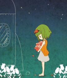 1girl baby_animal bare_arms barefoot bird black_eyes chaki_(chakan) chick dress flower full_body goggles goggles_on_head green_hair gumi heart holding jacket orange_jacket rocket short_hair sleeveless sleeveless_jacket solo star_(symbol) too_many too_many_hearts tulip vocaloid white_dress
