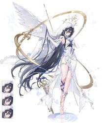 1girl absurdres angel barefoot black_hair blue_eyes danah gloves halo highres key long_hair looking_at_viewer multiple_expressions original ribbon tachi-e thigh_strap veil very_long_hair water white_background white_gloves white_wings wings