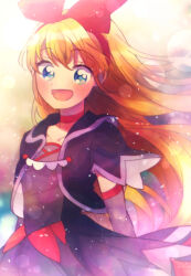 1girl black_dress black_jacket blonde_hair blue_eyes bow bow_hairband choker collarbone collared_jacket cowboy_shot cross-laced_clothes cross-laced_dress dokidoki!_precure dot_nose dress elbow_gloves eyelashes floating_clothes floating_hair frilled_dress frills gloves grey_gloves hair_between_eyes hairband happy jacket large_bow light_blush light_particles long_hair looking_at_viewer nachuchoco ocean open_clothes open_jacket open_mouth outdoors pleated_dress precure red_bow red_choker red_hairband regina_(dokidoki!_precure) short_sleeves smile solo standing sunset tareme very_long_hair wind