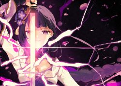 1girl black_background blunt_bangs braid breasts cleavage closed_mouth commentary_request electricity flower genshin_impact hair_flower hair_ornament highres holding holding_sword holding_weapon japanese_clothes katana kimono kurorin5 large_breasts long_hair looking_at_viewer mole mole_under_eye purple_eyes purple_flower purple_hair raiden_shogun ribbon solo sword tassel weapon