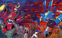 00s 2girls armor ass bare_shoulders belt bikini bikini_top_only blue_shorts bodysuit breasts cartoon_network clenched_hand cloud cloudy_sky cowboy_shot elbow_gloves epic fangs gainax gloves gurren-lagann hair_ornament hair_stick kiva large_breasts long_hair mecha medium_breasts megas_xlr megas_xlr_(mecha) mountain multiple_girls pink_legwear pointing pointing_at_self ponytail red_hair robot scarf short_hair short_shorts shorts shoulder_pads sideboob sidelocks single_elbow_glove sky standing studded_belt swimsuit tengen_toppa_gurren_lagann thighhighs very_long_hair yoko_littner