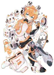 1girl :3 absurdres bag black_shorts blush bottle commentary_request commission cotono_(nazekun) headphones highres holding holding_megaphone implied_extra_ears jacket looking_at_viewer mechanical_arms mechanical_legs megaphone object_request orange_hair orange_jacket original robot shorts simple_background skateboard skeb_commission smile solo sparkle track_jacket water_bottle watermark white_background white_jacket