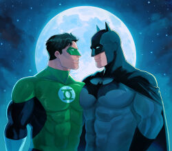 2boys absurdres bara batman batman_(series) black_bodysuit black_cape black_gloves bodysuit brown_hair bruce_wayne cape closed_mouth dc_comics domino_mask full_moon gloves green_bodysuit green_lantern green_lantern_(series) grey_bodysuit hal_jordan haljordanmylove highres large_pectorals male_focus mask moon multiple_boys muscular muscular_male night night_sky outdoors pectorals short_hair sky smile star_(sky) superhero_costume two-tone_bodysuit upper_body white_gloves yaoi