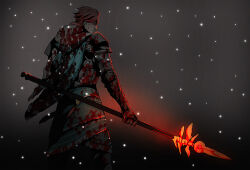 1boy aqua_cape armor blood blood_on_armor blood_on_clothes blood_on_face breastplate cape closed_mouth commentary_request cowboy_shot faulds fire_emblem fire_emblem:_three_houses glowing glowing_eyes holding holding_polearm holding_weapon hood hood_down hooded_cape lance_of_ruin looking_back male_focus naggooro nintendo pauldrons polearm red_eyes red_hair shoulder_armor snowing solo standing sylvain_jose_gautier sylvain_jose_gautier_(timeskip) weapon