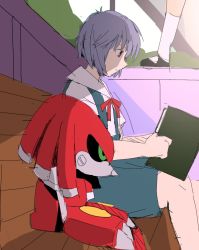 Rule 34 | 1boy, 1girl, ayanami rei, bendedede, black sclera, book, closed mouth, colored sclera, crossover, green eyes, highres, holding, holding book, metal knuckles, neck ribbon, neon genesis evangelion, red eyes, red neckwear, ribbon, robot, school uniform, short hair, sitting, sketch, sonic (series), sonic r, sonic the hedgehog (classic), tokyo-3 middle school uniform