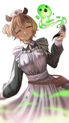 1girl absurdres animal_ears apron bag blonde_hair blush breasts closed_eyes hat highres holding holding_smoking_pipe indie_virtual_youtuber kgi_illus large_breasts light_blush lips nimi_nightmare nurse nurse_cap shirt smile smoking_pipe solo solo_focus virtual_youtuber
