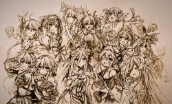 6+girls absurdres ahoge animal_ears bare_shoulders closed_eyes date_a_live double_bun dress fake_animal_ears flower frilled_hairband frills habit hair_bun hair_flower hair_ornament hair_ribbon hairband hat highres himekawa_yoshino honjou_nia hood hoshimiya_mukuro itsuka_kotori itsuka_shido izayoi_miku kyouno_natsumi long_hair looking_at_viewer multiple_girls nun one_eye_closed open_mouth ribbon short_hair siblings takamiya_mio tobiichi_origami tokisaki_kurumi traditional_media twins twintails witch_hat xin_(user_peux5585) yamai_kaguya yamai_yuzuru yatogami_tohka