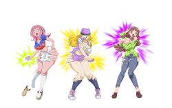 3girls blush corruption digimon digimon_adventure_02 digimon_frontier digimon_ghost_game embarrassed hat highres mainkore multiple_girls orimoto_izumi pink_hair tachikawa_mimi tsukiyono_ruli