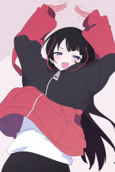 1girl :d arms_up black_hair black_jacket black_pants blue_eyes blush commentary_request cowboy_shot drawstring floating_clothes half-closed_eyes ixy jacket long_hair long_sleeves looking_at_viewer multicolored_jacket nijisanji open_hands open_mouth pants pink_background pink_jacket shirt simple_background sleeves_past_wrists smile solo standing straight_hair symbol-shaped_pupils teeth tsukino_mito tsukino_mito_(19th_costume) two-tone_background two-tone_jacket upper_teeth_only very_long_hair virtual_youtuber white_background white_shirt zipper_pull_tab