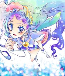 Rule 34 | 1girl, 63snrk, antenna hair, blue eyes, blue hair, braid, bubble, cure mermaid, earrings, gem, go! princess precure, highres, jewelry, long hair, multicolored hair, open mouth, pearl (gemstone), precure, purple hair, shell, shell earrings, solo, sparkle, tiara, two-tone hair, very long hair, white wrist cuffs, wrist cuffs