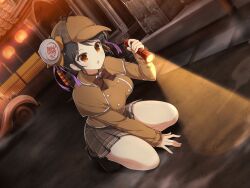 1girl architecture steamed_bun baozi_hair_ornament black_hair blush bow breasts brown_bow brown_capelet brown_coat brown_hat buttons cabbie_hat capelet car chinese_clothes coat deerstalker detective door double-breasted east_asian_architecture firecrackers flashlight flashlight_beam fog food food-themed_hair_ornament footprints hair_ornament hair_ribbon hat holding holding_flashlight kneeling lantern large_breasts light meimei_(senran_kagura) miniskirt motor_vehicle official_alternate_costume official_art open_mouth orange_eyes outdoors paper_lantern plaid_clothes plaid_skirt puddle purple_ribbon ribbon senran_kagura senran_kagura_new_link senran_kagura_new_wave shiny_skin short_hair skirt solo squatting translation_request victorian vintage_car wheel yaegashi_nan