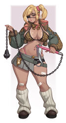 1girl absurdres animal_print bandaid bandaid_on_leg blonde_hair bra breasts brown_eyes brown_shoes commentary cropped_jacket dark-skinned_female dark_skin earrings english_commentary eyepatch full_body green_jacket gyaru highres holding holding_weapon jacket jewelry kusarigama large_breasts leopard_print long_hair long_sleeves looking_at_viewer multicolored_hair navel navel_piercing open_clothes open_jacket original pearl_earrings piercing pink_hair riz shoes sickle side_ponytail skirt socks solo standing underwear weapon