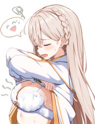 1girl absurdres april_aries bishop_(maplestory) bow bow_bra bra braid breasts brown_hair cape cleavage closed_eyes commentary_request crossed_arms frown highres lace lace-trimmed_bra lace_trim large_breasts lifting_own_clothes light_blush long_hair long_sleeves maplestory open_mouth profile robe robe_lift side_braid simple_background solo spoken_expression squiggle sweat underwear upper_body very_long_hair white_background white_bra white_cape white_robe