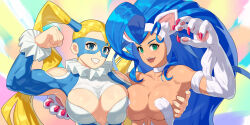 Rule 34 | 2girls, animal ears, bare shoulders, blonde hair, blue eyes, blue hair, breast press, breasts, cat ears, cleavage cutout, clothing cutout, crossover, darkstalkers, felicia (darkstalkers), green eyes, highres, large breasts, long hair, mask, multiple girls, rainbow mika, shoulder cutout, street fighter, twintails, upper body, very long hair, white fur, wrestling outfit, yagi2013