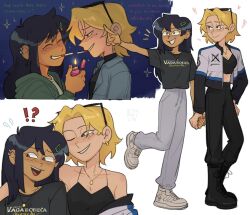 !? 2girls aged_up amphibia black_hair black_pants blonde_hair boots breasts byubiyubi cigarette_kiss closed_eyes crop_top ear_piercing earrings english_text eyewear_on_head flying_sweatdrops full_body hair_ornament hairclip half-closed_eyes heart holding_hands jacket jewelry long_hair looking_at_another marcy_wu medium_breasts mole mole_under_eye multiple_girls multiple_views necklace night night_sky one_eye_closed pants parted_bangs piercing sasha_waybright shirt shoes short_hair signature sky smile sunglasses t-shirt teeth upper_body yuri