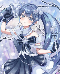 Rule 34 | 1girl, :3, black gloves, blue dress, blue eyes, blue hair, blush, closed mouth, crystal hair ornament, detached collar, dress, gloves, hair between eyes, hair ornament, hand up, hatsune miku, highres, holding, holding wand, long hair, maarin (59567861), multicolored hair, signature, sleeveless, sleeveless dress, smile, snowflake hair ornament, snowflake print, solo, twintails, vocaloid, wand, yuki miku, yuki miku (2025)