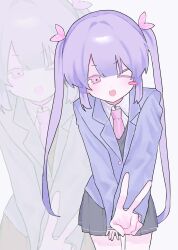 Rule 34 | 1girl, :d, blush, flat chest, highres, long hair, looking at viewer, new game!, nial, open mouth, purple eyes, purple hair, ribbon, shirt, skirt, smile, solo, suzukaze aoba, twintails, v, very long hair, white background, zoom layer