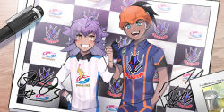 2boys aged_down black_hair blush clenched_hand clenched_teeth collared_shirt commentary_request dark-skinned_male dark_skin dynamax_band gloves green_eyes gym_challenge_uniform hand_up highres leon_(pokemon) looking_at_viewer male_focus multiple_boys nintendo open_mouth orange_eyes partially_fingerless_gloves pen photo_(object) pokemon pokemon_swsh purple_hair raihan_(pokemon) shirt signature smile teeth textless_version tongue youchengyan