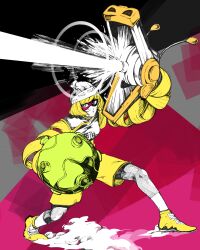 arms_(game) beanie bob_cut dragon_(arms) dust_cloud eye_mask flat_color hat highres kakiyakee_(k_key_5) laser leggings leggings_under_shorts megawatt_(arms) min_min_(arms) partially_colored shoes short_hair shorts sneakers