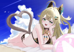 Rule 34 | 1girl, absurdres, ahoge, animal ears, ball, beach, beach mat, beachball, bikini, black bikini, blue sky, breasts, brown hair, cat ears, cat girl, cat tail, cloud, commentary, genshin impact, green eyes, hair ornament, hairclip, heart tail duo, highres, kirara (genshin impact), long hair, looking at viewer, lying, medium breasts, multiple tails, on side, open mouth, rinmel9, sky, solo, stomach, swimsuit, tail, thighs, two tails, wet