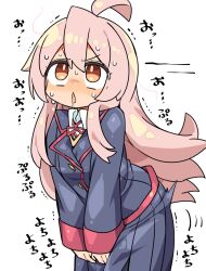 1girl ahoge bad_id bad_twitter_id blazer blue_jacket blue_skirt blush brown_eyes chestnut_mouth collared_shirt cowboy_shot drooling hair_between_eyes have_to_pee jacket kanikama leaning_forward long_hair long_sleeves neck_ribbon nose_blush onii-chan_wa_oshimai! open_mouth oyama_mahiro pink_hair pleated_skirt ribbon rolling_eyes school_uniform shirt simple_background skirt solo standing sweat trembling v-shaped_eyebrows white_background white_shirt