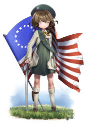 Rule 34 | 1girl, absurdres, beret, c.t (yoyo860222), closed eyes, closed mouth, coat, dress, eagle (reverse:1999), facing viewer, faux figurine, flag, full body, grass, green dress, green hat, hand on hilt, hat, highres, historical american flag, kneehighs, neckerchief, planted, planted sword, planted weapon, pouch, reverse:1999, short dress, short hair, socks, solo, standing, sword, thigh pouch, weapon, white background, white coat, white socks, yellow neckerchief
