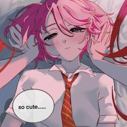 Rule 34 | 2girls, blush, closed mouth, diagonal-striped clothes, diagonal-striped necktie, english text, female pov, hair between eyes, highres, jinx (league of legends), kid sppinarl, league of legends, long hair, looking at viewer, lux (league of legends), multiple girls, necktie, pink hair, pov, purple eyes, red hair, red necktie, shirt, short sleeves, star guardian (league of legends), star guardian jinx, star guardian lux, striped clothes, white shirt, yukadon, yuri