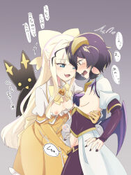 2girls black_hair blonde_hair blue_eyes breasts breasts_out elbow_gloves fang fingering gloves grey_background highres hiiragi_utena horns light_blush long_hair low_wings magia_baiser magia_sulfur magical_girl mahou_shoujo_ni_akogarete medium_hair multiple_girls nail_polish navel nipples open_mouth simple_background small_breasts smile tenkawa_kaoruko translation_request venalita very_long_hair wings x3_xy3_(jtsu4377) yuri