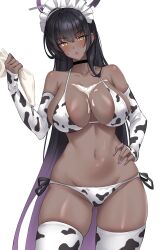 1girl absurdres animal_print bikini black_hair blue_archive blush breasts cleavage cow_print cow_print_bikini cow_print_gloves cow_print_thighhighs crimecrime curvy elbow_gloves fingerless_gloves food_on_body gloves halo hand_on_own_hip highres icing karin_(blue_archive) large_breasts long_hair looking_at_viewer maid_headdress navel print_bikini print_gloves print_thighhighs purple_nails shiny_skin simple_background solo standing swimsuit thighhighs thong thong_bikini very_long_hair white_background white_bikini white_thighhighs wide_hips yellow_eyes