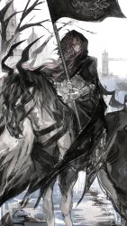 Rule 34 | 1boy, absurdres, alternate costume, armor, black cloak, chinese commentary, cloak, closed mouth, commentary request, flag, full body, glint, hatsutori hajime, highres, holding, holding flag, hood, hood up, hooded cloak, horse, horseback riding, long hair, male focus, outdoors, pink hair, red eyes, riding, saibou shinkyoku, solo, sputniklover-1, very long hair
