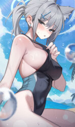 1girl absurdres alternate_costume animal_ear_fluff animal_ears black_one-piece_swimsuit blue_archive blue_hair blue_sky blurry blush bokeh breasts cloud cloudy_sky commentary_request covered_navel cross cross_hair_ornament day depth_of_field earrings extra_ears fingernails gi_myeong_02 grey_eyes grey_hair hair_ornament hand_up heart heart-shaped_pupils highleg highleg_one-piece_swimsuit highres inverted_cross jewelry large_breasts long_hair looking_at_viewer one-piece_swimsuit outdoors parted_lips pulling_own_clothes shiroko_(blue_archive) sky solo stud_earrings swimsuit symbol-shaped_pupils thighs wet wolf_ears wolf_girl