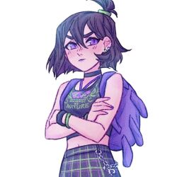 Rule 34 | 1girl, backpack, bag, black choker, black hair, black skirt, black tank top, byghostface, choker, crossed arms, danny phantom, hair between eyes, looking at viewer, midriff, navel, plaid clothes, plaid skirt, print shirt, purple bag, purple eyes, sam manson, shirt, short hair, simple background, skirt, solo, tank top, white background