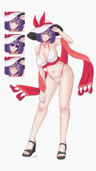 1girl absurdres aroevela bikini black_sarong breasts expression_chart hat highres midriff nagae_iku purple_hair red_eyes red_scarf ribbon sarong scarf short_hair simple_background solo sunglasses swimsuit touhou white_background white_hat