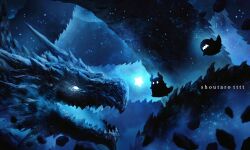 artist_name blue_theme dragon english_text glowing glowing_eyes highres horns hoshikui monster night no_humans original rock sharp_teeth shoutarou_(shoutarotttt) sky star_(sky) star_(symbol) teeth